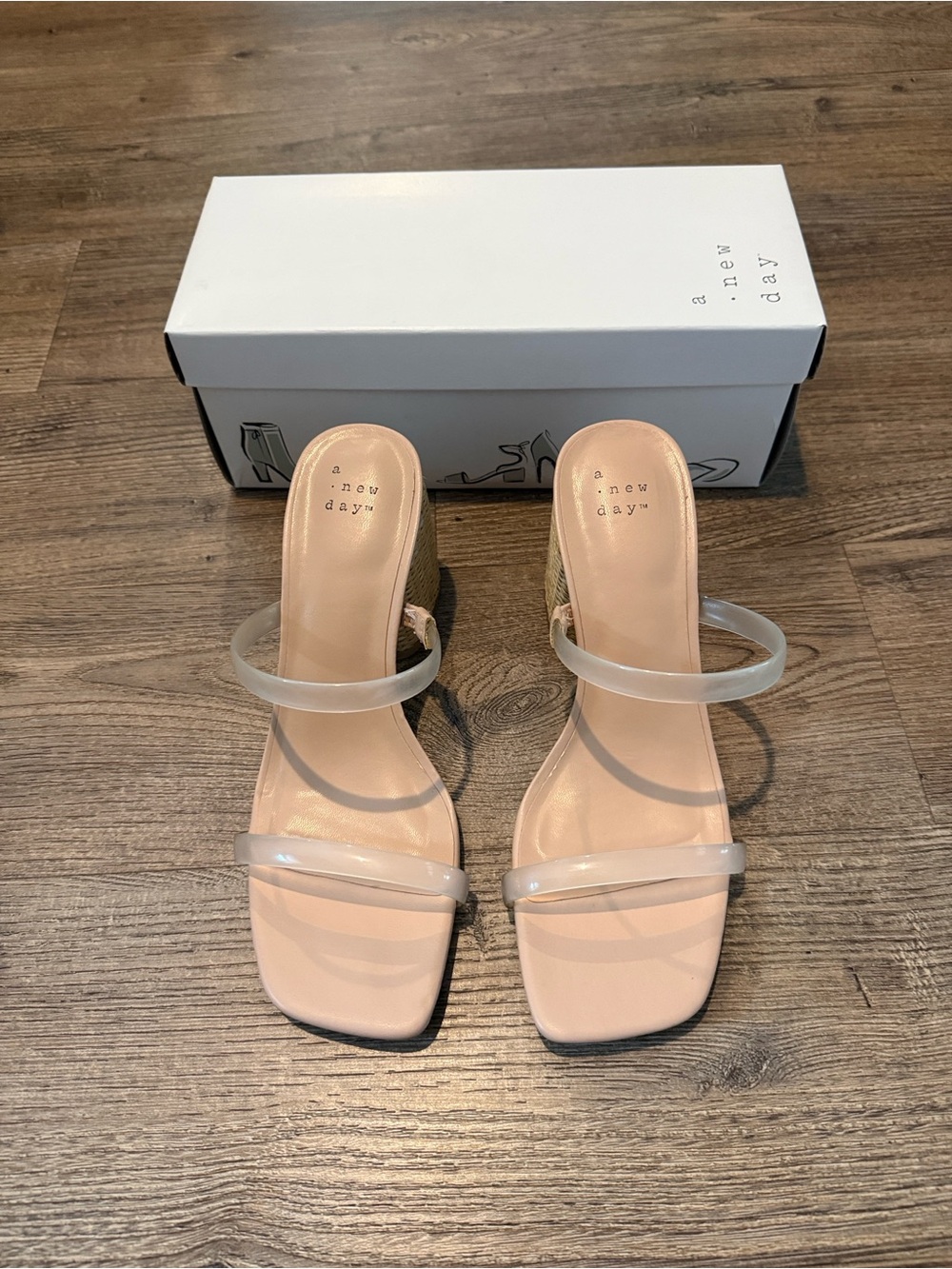 A New Day Clear Strap Nude/Raffia Block Heel Sandals - - Picture 4 of 5